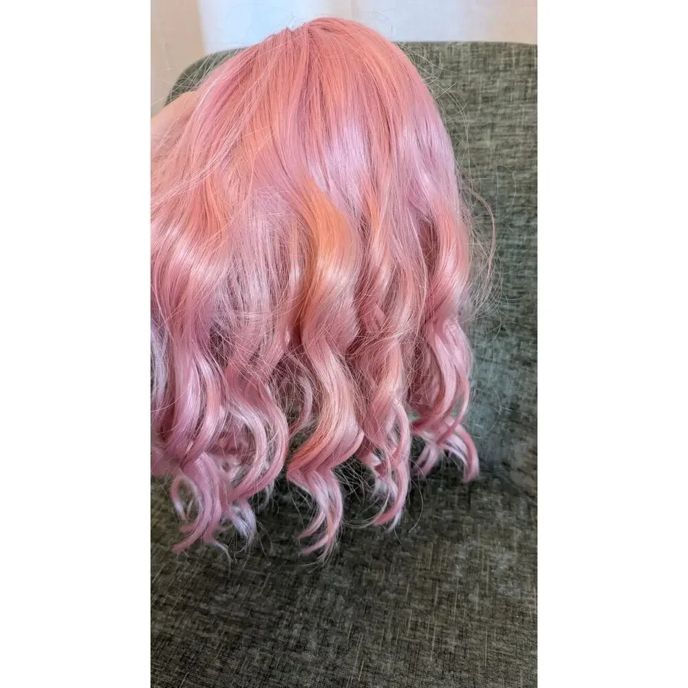 Short Bob Pink Wigs with Bangs for Women Loose Wavy Hair